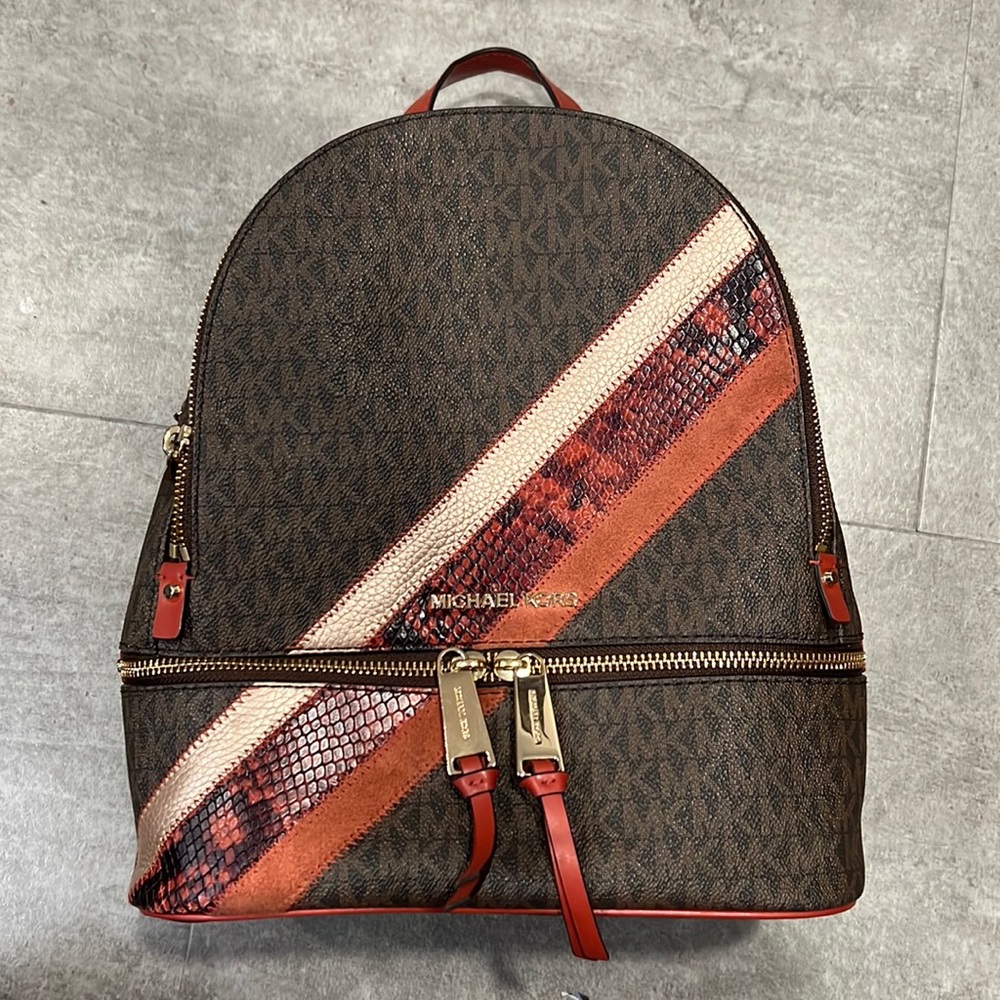 Michael Kors signature Rhea Zip monogram logo stripes brown red snakeskin